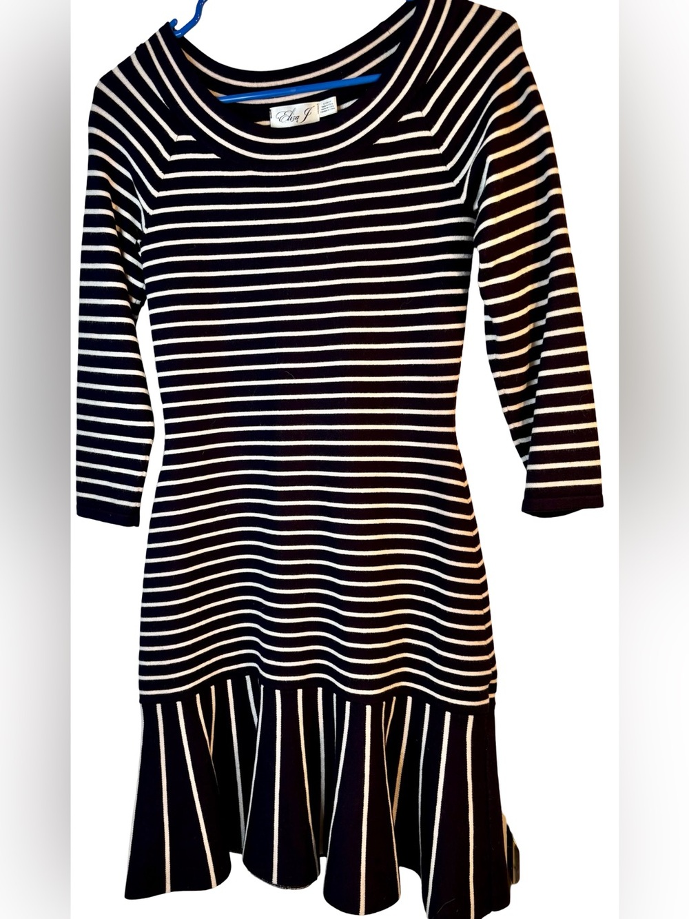 Eliza J Black and White Striped 3/4-Sleeve Fit-and-Flare Dress